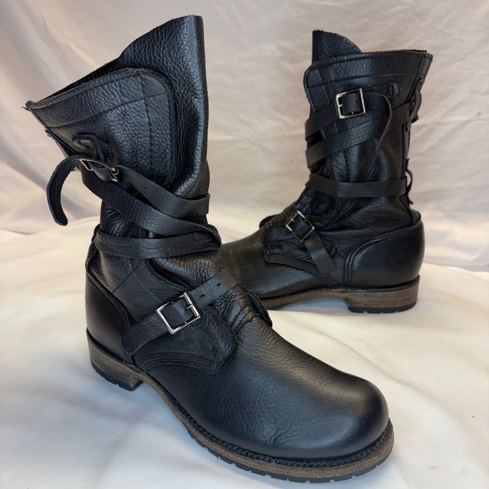 Black Pebbled Leather Multi Strap Buckle Moto Combat Boots Mid Calf Women's 8.5